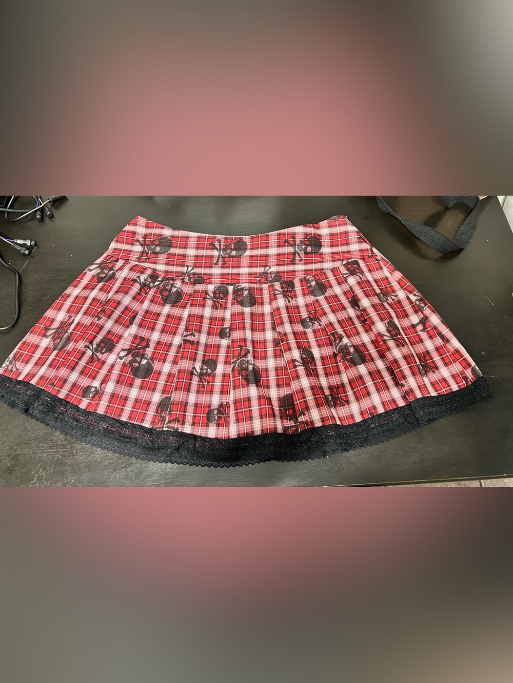 Red Plaid Lace-Hem Mini Skirt with Skull Print